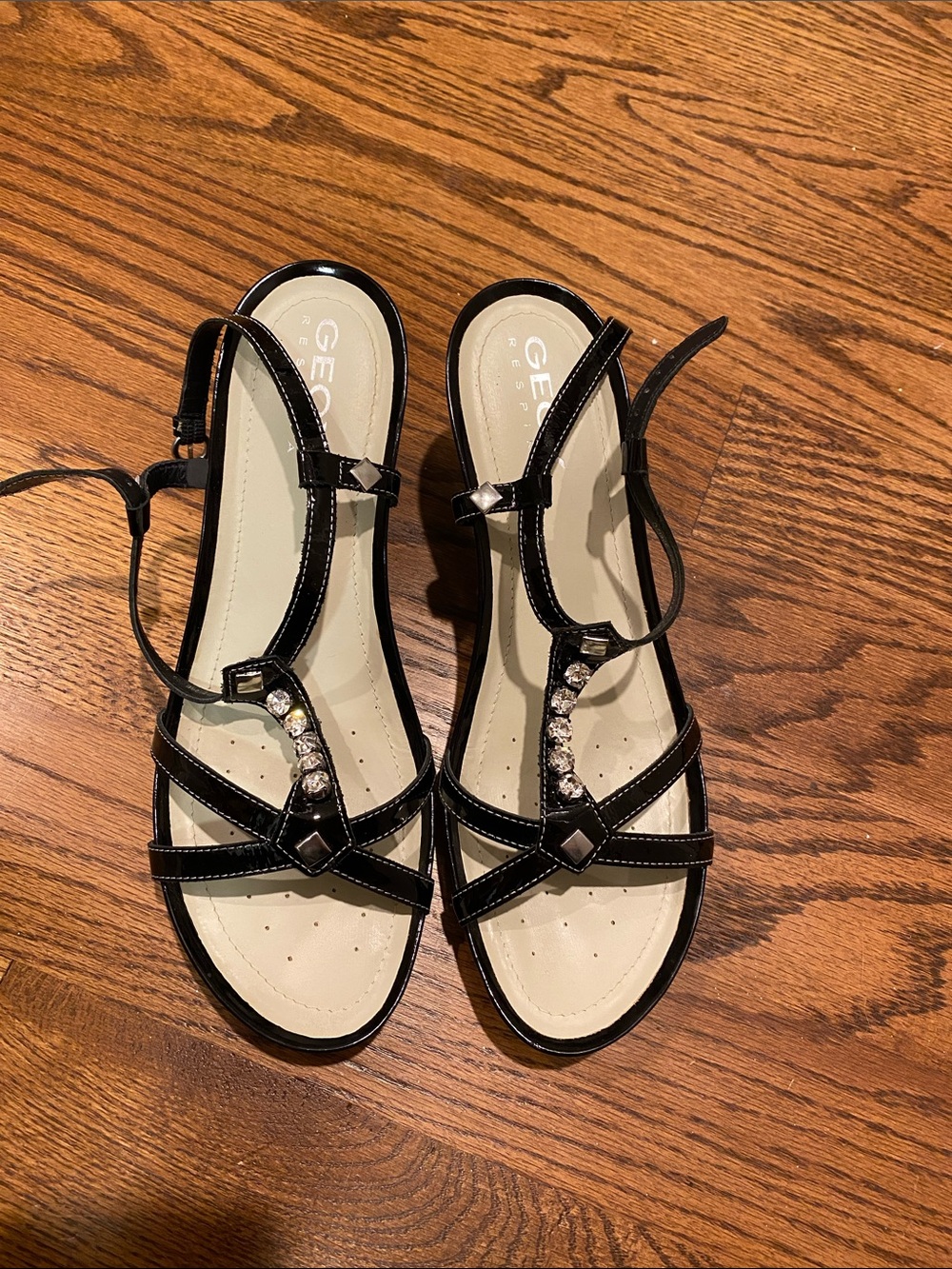 Geox Black Patent T-Strap Sandals with Jewel Accents